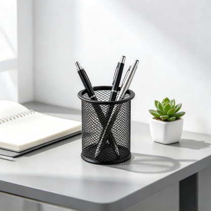 ✒️ Desk-Ready | Durable Metal Mesh Organizer | Sleek Round Storage Holder