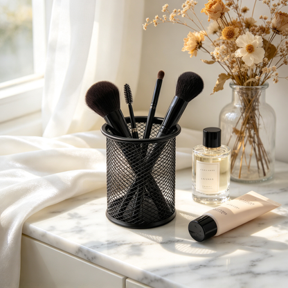 ✒️ Desk-Ready | Durable Metal Mesh Organizer | Sleek Round Storage Holder