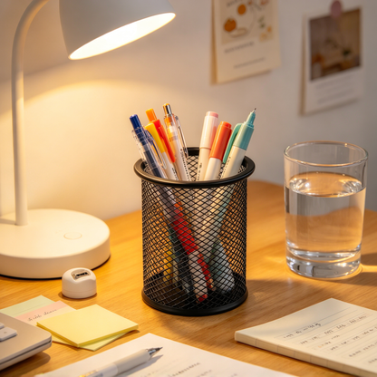 ✒️ Desk-Ready | Durable Metal Mesh Organizer | Sleek Round Storage Holder